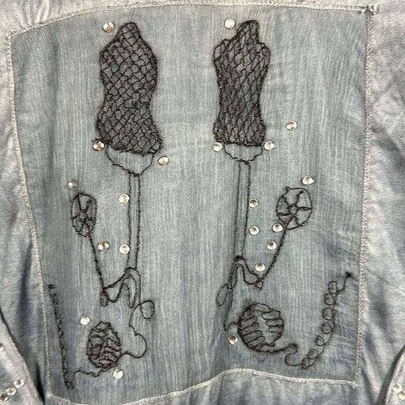 PARSLEY & SAGE Women's Cotton Embroidered Ruffle Button Down Shirt Blue Small - Picture 11 of 15